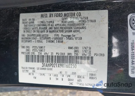 2009 Ford Fusion Sel из США, поврежденный, VIN 3FAHP021X9R160250